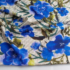 Viskose Krepp Stoff Blumen Bl�tter, kobaltblau hellbeige