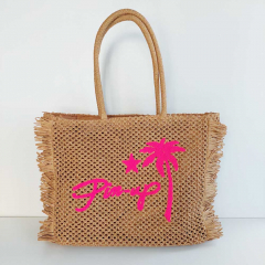 Strohtasche rechteckig mit Fransen PIN-UP, neonpink auf beige