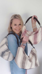 Canvas Tasche Streifen mit Taschengriff & Schultterriemen Summer Look, dunkelrot natur