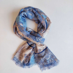 Halstuch Paisleymuster Blumen Schal - jeansblau beige braun  - Made in Italy