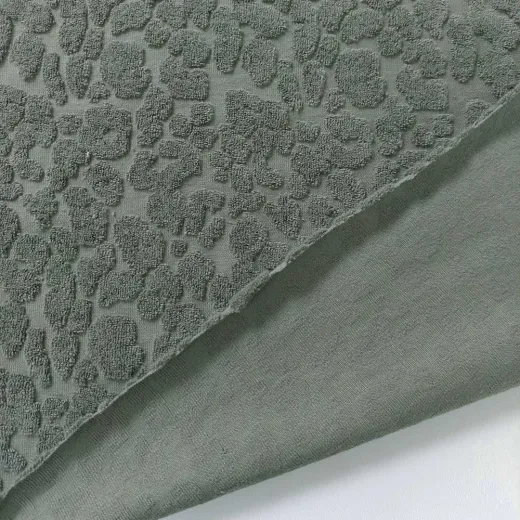 Sweat Frottee Stoff Leopardenmuster, armygr�n