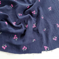 Musselin Stoff Blumen Stickerei - pink mint dunkelblau
