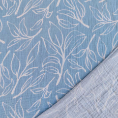 Musselin Stoff Bl�ttermuster wei� hellblau Double Gauze Meterware