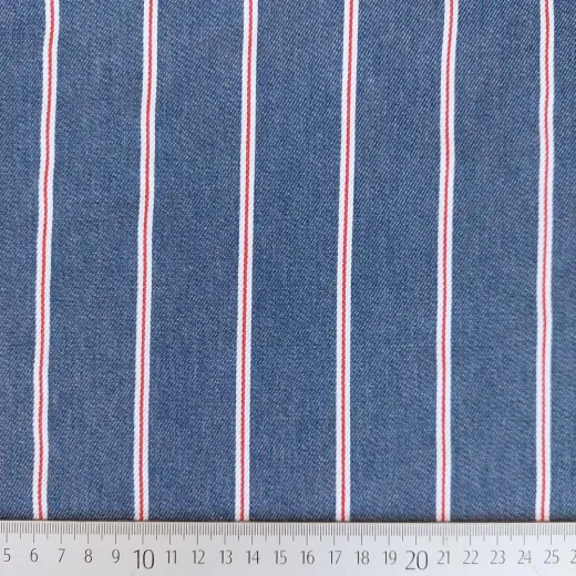 Jeansstoff breite Streifen Denim Stoff Meterware, rot wei� denimblau