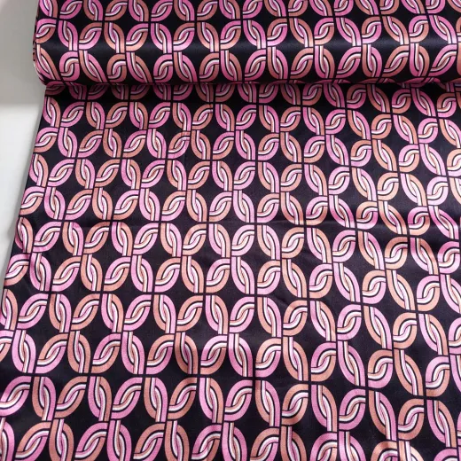 Viskose Satin Stoff Retromuster hellpink altrosa schwarz