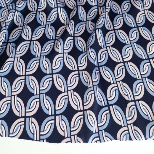 Viskose Satin Stoff Retromuster rauchblau helltaupe schwarz