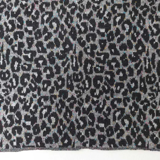 Strickstoff Leomuster Jacquard Glitzer in Regenbogenfarben, grau schwarz