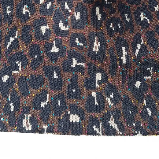 Strickstoff Leomuster Jacquard Glitzer in Regenbogenfarben, dunkelblau dunkelbraun