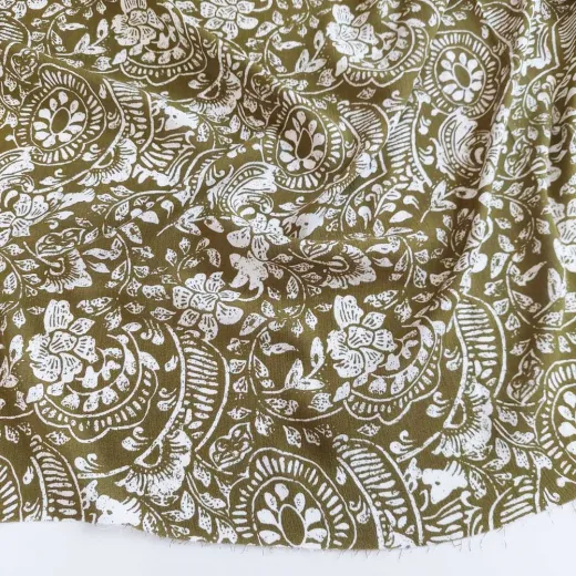 Viskose Borkenkrepp Stoff Blumen, Khakigr�n Wei�
