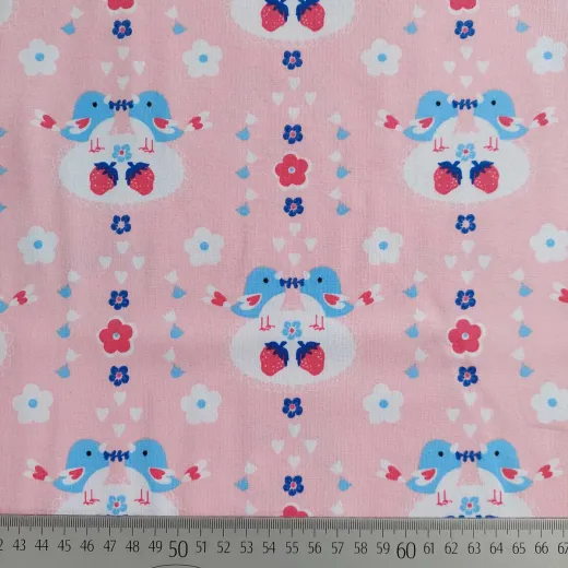 Jerseystoff V�gel Herzen Erdbeeren, rosa