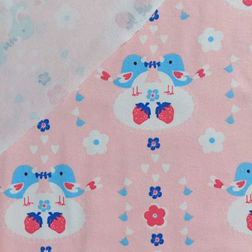 Jerseystoff V�gel Herzen Erdbeeren, rosa