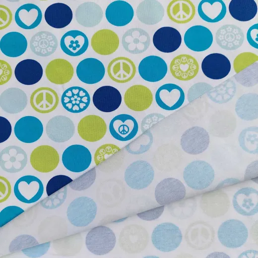 Jersey Stoff Punkte Kreise Herzen Friedenszeichen, wei� blau hellgr�n