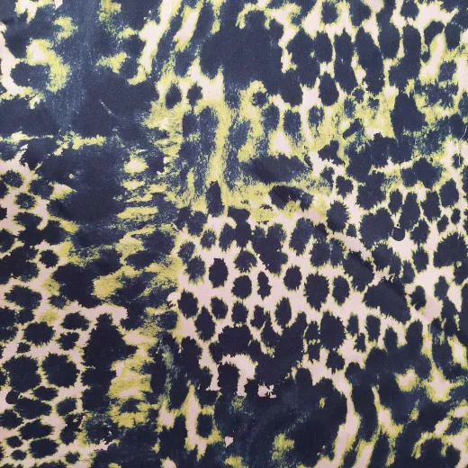 Viskose Satin Leomuster Animal Print – flie�end fallender Satinstoff in Petrol, Gelbgr�n & Beige