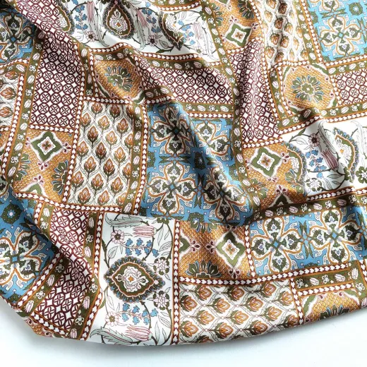 Viskose Stoff Boho Style gemustert - ockergelb blau