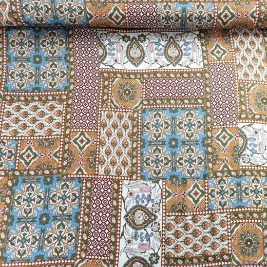 Viskose Stoff Boho Style gemustert - ockergelb blau