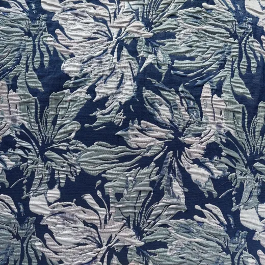 Jacquard Stoff Blumen silber mint dunkelblau