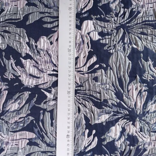 Jacquard Stoff Blumen silber mint dunkelblau