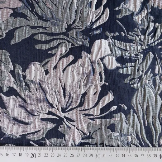 Jacquard Stoff Blumen silber mint dunkelblau