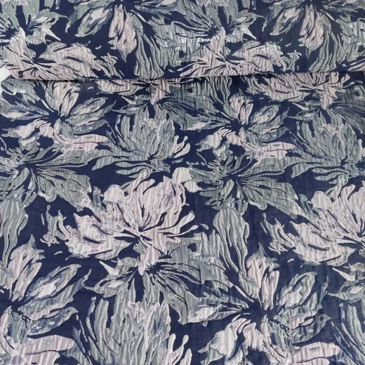 Jacquard Stoff Blumen silber mint dunkelblau