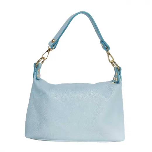 Ledertasche Handtasche klein rechteckig goldene Ringe, icy blue