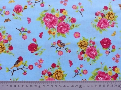 Baumwollstoff Blumen Vgel, hellblau