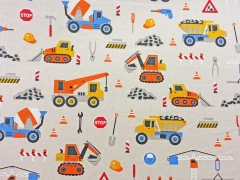 RESTSTCK 34 cm Dekostoff Baustellenfahrzeuge Leinenlook, orange blau natur