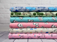 Baumwollstoff Elefanten L�wen Zebras, grau wei� rosa