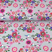 Sweat Stoff French Terry Blumen V�gel, rosa hellgrau