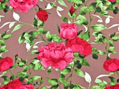 Viskose Stoff gro�e Blumen Bl�tter, pink braun