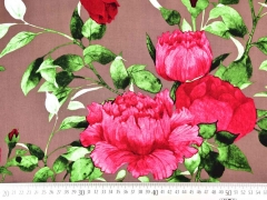 Viskose Stoff gro�e Blumen Bl�tter, pink braun