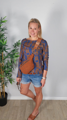 Viskose Stoff Blusenstoff Ringe Quadrate, terracotta braun jeansblau