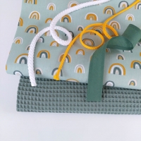Baumwollstoff Regenb�gen allover, ockergelb mint