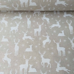 Dekostoff Rehe Hirsche mit Geweih Schneeflocken, wei� natur