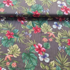 Viskose Twillstoff tropische Bl�tter Blumen, gr�n braun