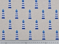 Dekostoff Leinenlook Leuchtt�rme, blau auf natur
