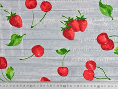 Dekostoff Holzoptik Kirschen Erdbeeren, hellgrau
