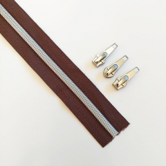 1 m Rei�verschluss metallisiert SILBER 6,5 mm Spirale + 3 Schieber, dunkelbraun