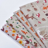 Dekostoff Leinenlook Rehe Hasen Pilze, natur