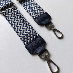 Taschengurt Taschenriemen Webmuster Weave - hellbeige dunkelblau -dunkelblaues Leder- silber Schnallen