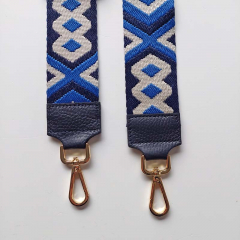 Taschengurt Taschenriemen Rauten Ethnomuster, kobalt blau creme - blaues Leder - gold Schnallen