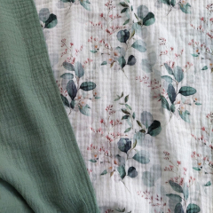 Musselin Stoff Baumwollstoff Eukalyptusbl�tter, mint gr�n wei�
