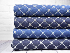 RESTST�CK 50 cm Jeansstoff bestickt Rauten Fransen, dunkelblau