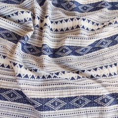 Jacquardstoff Rauten Bord�ren Boho-Style, jeansblau cremewei�