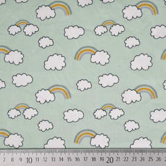 Baumwollstoff Regenb�gen Wolken, ockergelb mint hellgr�n