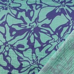 Musselin Stoff abstraktes Blumenmuster Double Gauze, mittelblau t�rkis