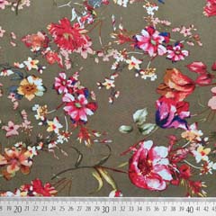Viskosestoff Popelin Blumen Ranken, rot khaki (braungr�n)