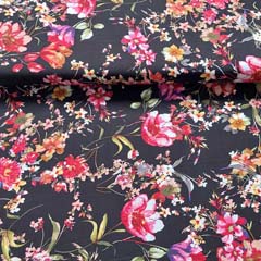 RESTST�CK 100 cm Viskosestoff Popelin Blumen Ranken, rot schwarz