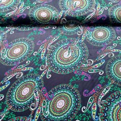 Viskosestoff Viskosesatin Paisleymuster Mandala, gr�n dunkelblau