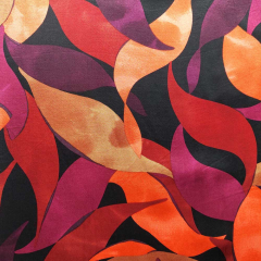 RESTST�CK 146 cm Viskose Satin Stoff Webware seidiger Glanz Bl�tter Muster - bordeaux orange rot schwarz