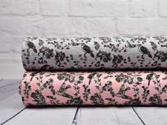 Viskose Jerseystoff V�gel Rosen, lachsrosa meliert